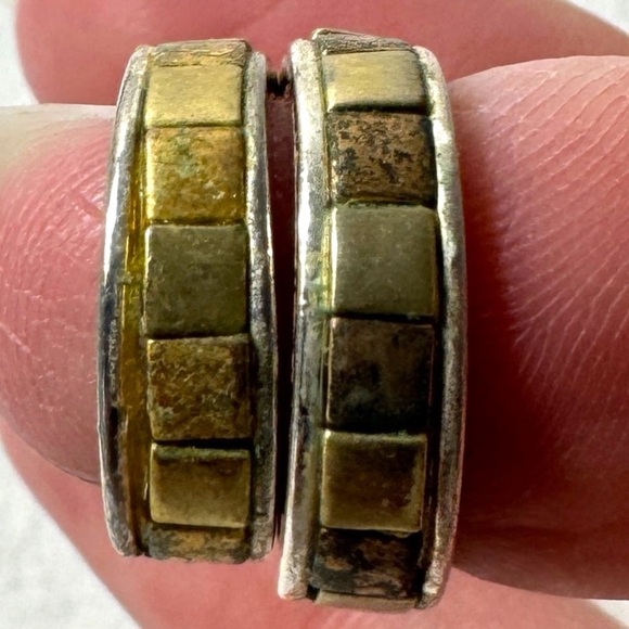 Sterling Silver and Brass Huggie Hoop Earrings - Picture 3 of 4